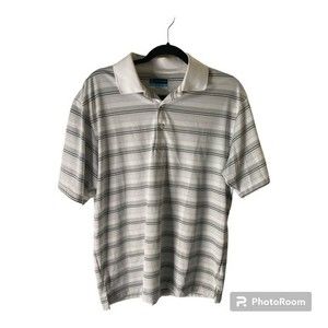PGA Tour golf Polo Shirt, White/Grey Stripe, Sz. Medium preOwned